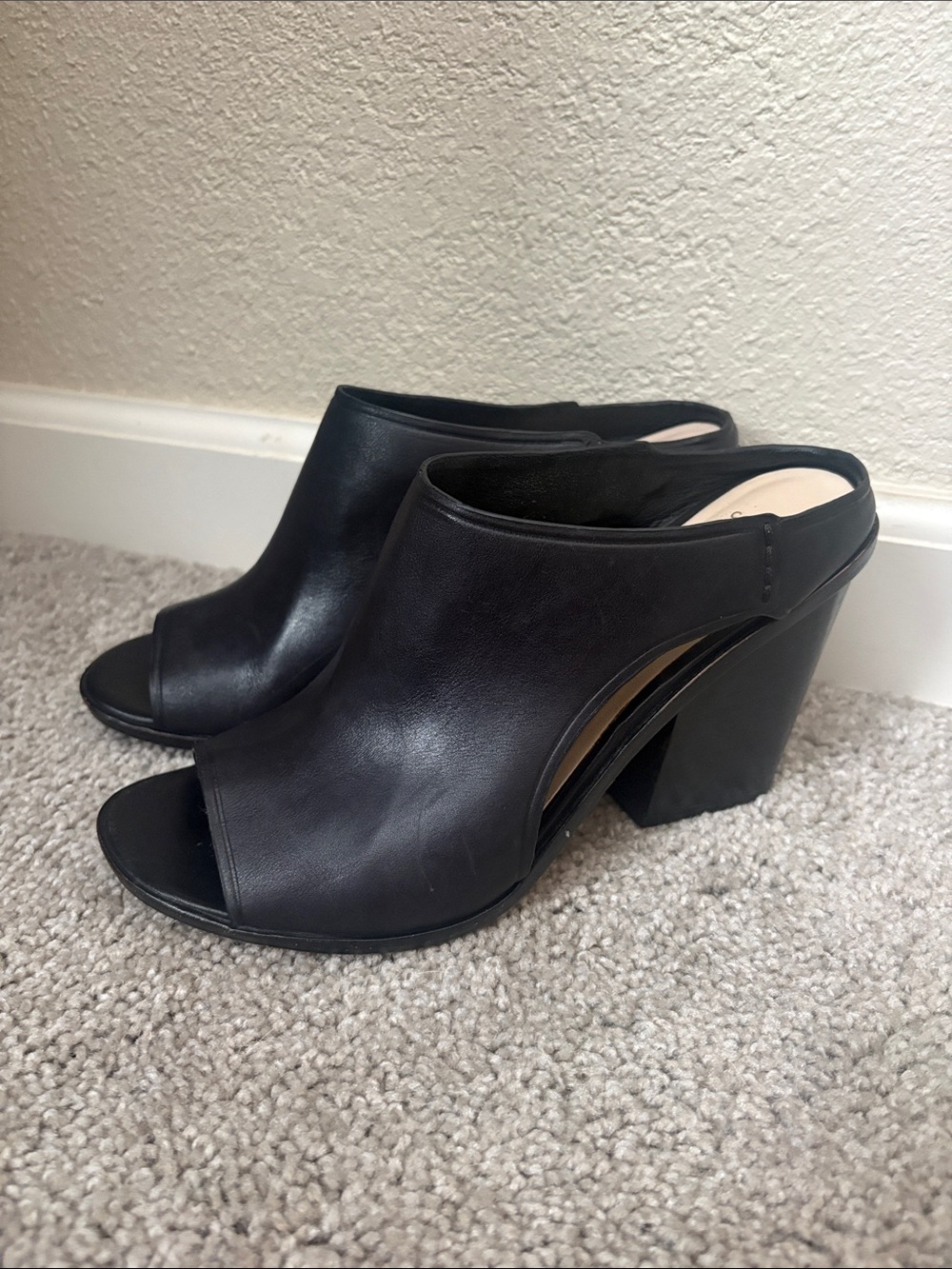 Cole Haan Black Leather Peep-Toe Block Heel Mules